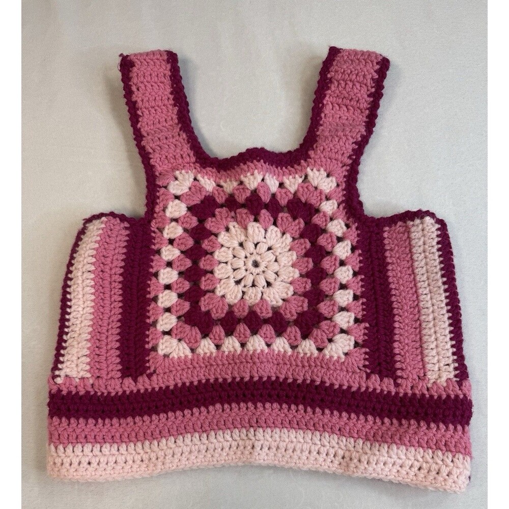 Handmade VINTAGE Crochet Granny Square Pullover Tank Top Vest Cottagecore PINK - Picture 3 of 6